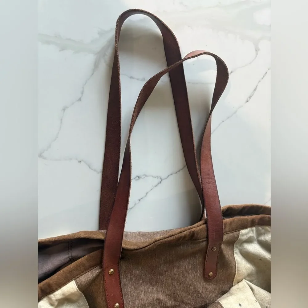 Free People Hideaway Tote Bag Canvas Leather Brown Beige Boho Oversized